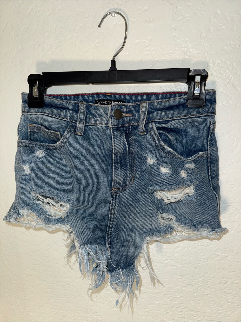 Fashion Nova Light Blue Distressed High-Rise Denim Shorts